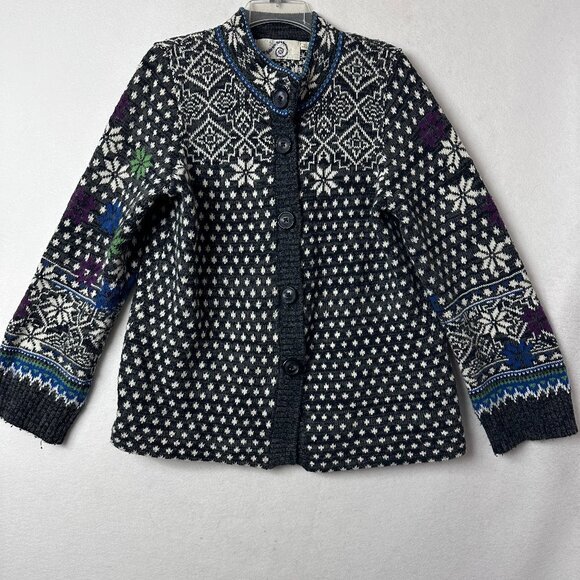 Rosie Neira Anthopologie Cardigan sz M Nordic Fair Isle Winter Snowflake wool bl - Picture 1 of 7